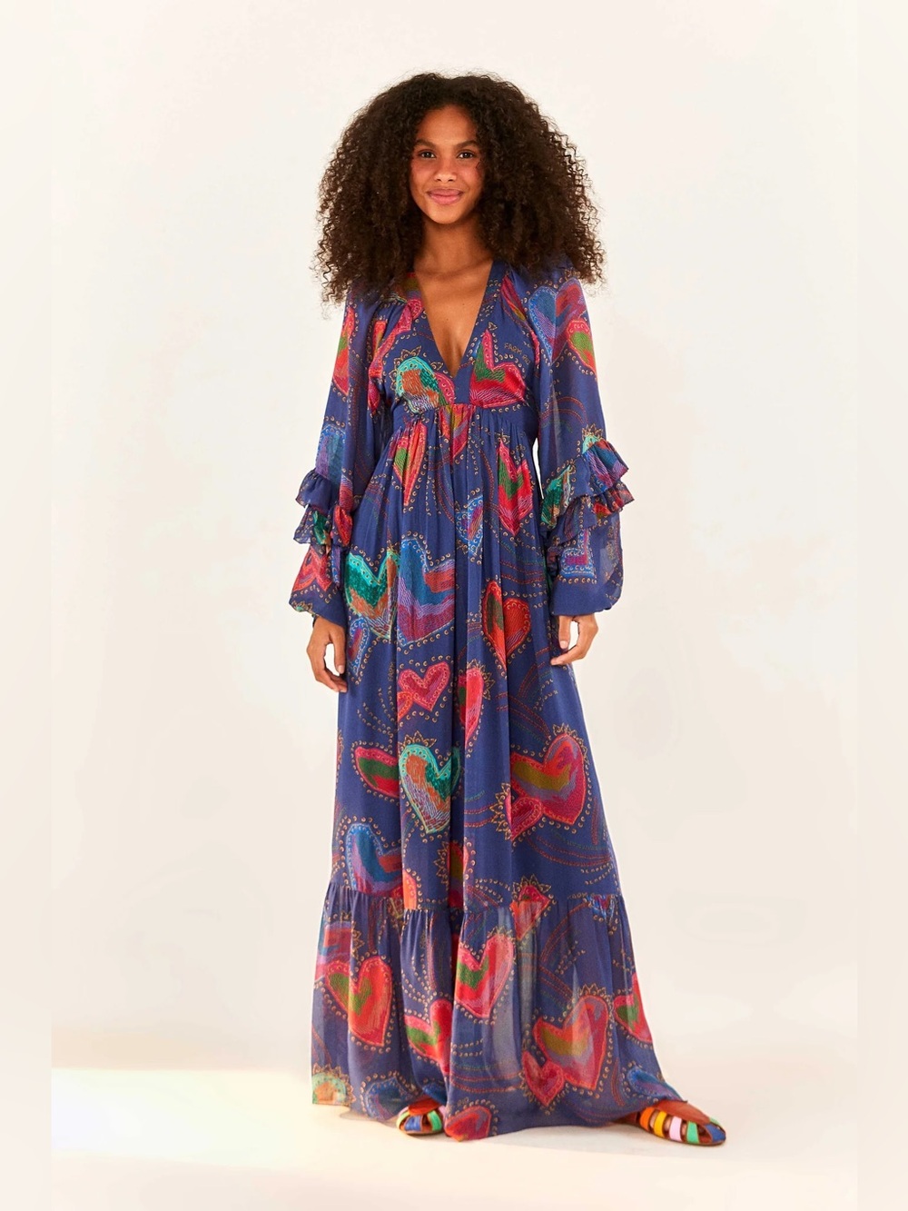 FARM RIO Blue Shiny Hearts Maxi Dress Size Medium VGUC